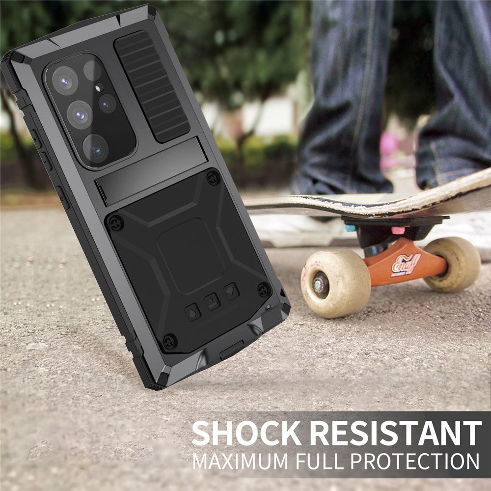 R-JUST For Samsung Galaxy S25 Ultra Case PC + Silicone + Metal Kickstand Phone Cover with Tempered Glass Film
