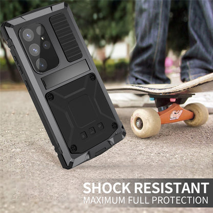 R-JUST For Samsung Galaxy S25 Ultra Case PC + Silicone + Metal Kickstand Phone Cover with Tempered Glass Film