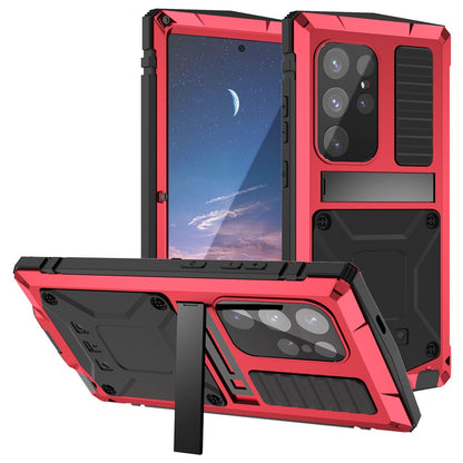 R-JUST For Samsung Galaxy S25 Ultra Case PC + Silicone + Metal Kickstand Phone Cover with Tempered Glass Film