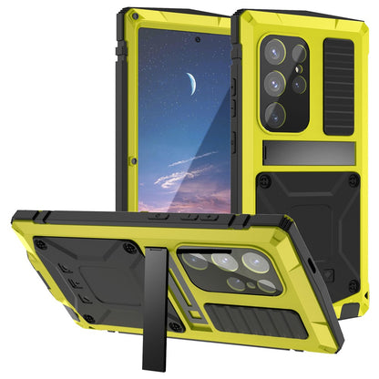 R-JUST For Samsung Galaxy S25 Ultra Case PC + Silicone + Metal Kickstand Phone Cover with Tempered Glass Film
