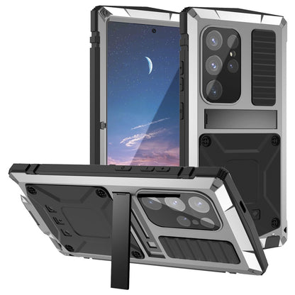 R-JUST For Samsung Galaxy S25 Ultra Case PC + Silicone + Metal Kickstand Phone Cover with Tempered Glass Film