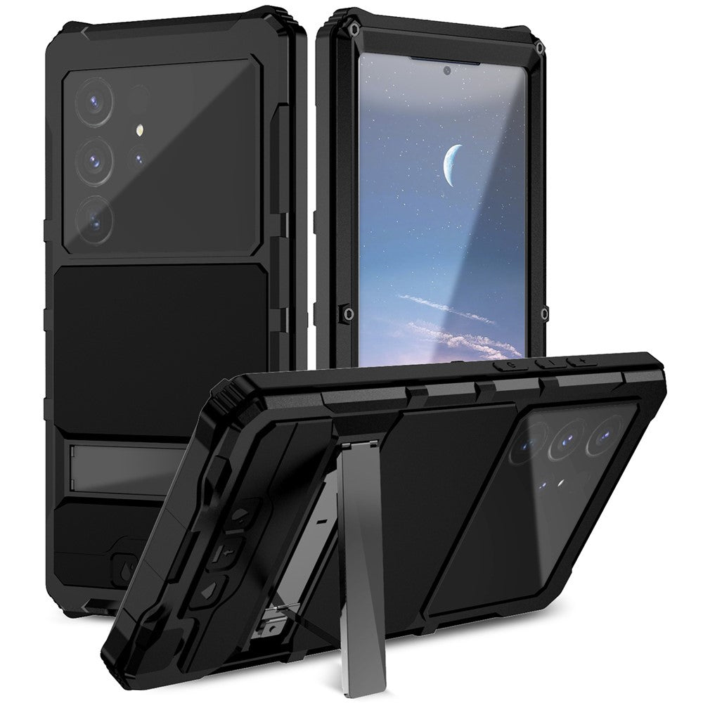 R-JUST For Samsung Galaxy S25 Ultra Case PC + Silicone + Metal Kickstand Phone Cover with Tempered Glass Film