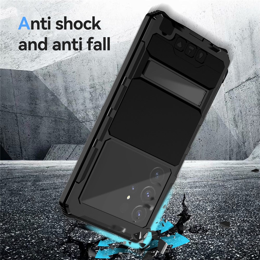 R-JUST For Samsung Galaxy S25 Ultra Case PC + Silicone + Metal Kickstand Phone Cover with Tempered Glass Film