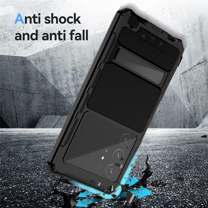 R-JUST For Samsung Galaxy S25 Ultra Case PC + Silicone + Metal Kickstand Phone Cover with Tempered Glass Film