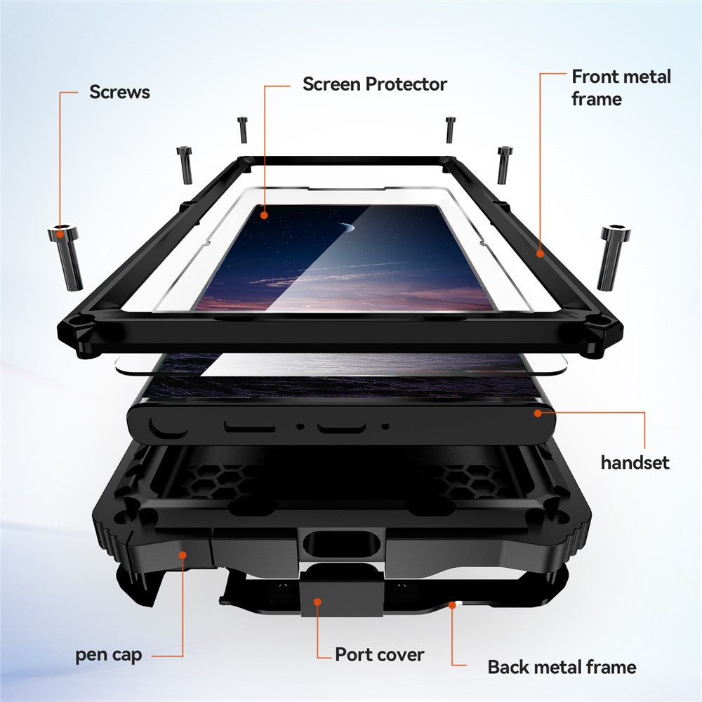 R-JUST For Samsung Galaxy S25 Ultra Case PC + Silicone + Metal Kickstand Phone Cover with Tempered Glass Film