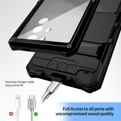 R-JUST For Samsung Galaxy S25 Ultra Case PC + Silicone + Metal Kickstand Phone Cover with Tempered Glass Film