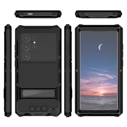R-JUST For Samsung Galaxy S25 Ultra Case PC + Silicone + Metal Kickstand Phone Cover with Tempered Glass Film