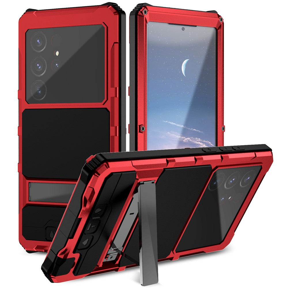 R-JUST For Samsung Galaxy S25 Ultra Case PC + Silicone + Metal Kickstand Phone Cover with Tempered Glass Film