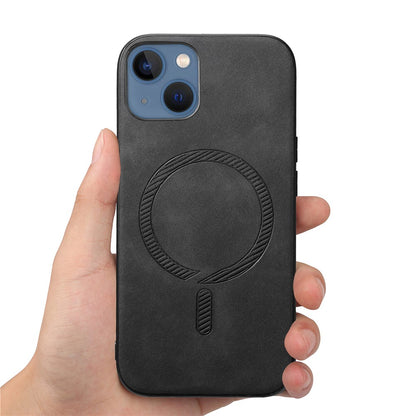 For iPhone 14 Plus Leather Back Case Compatible with MagSafe Skin-touch Phone Cover