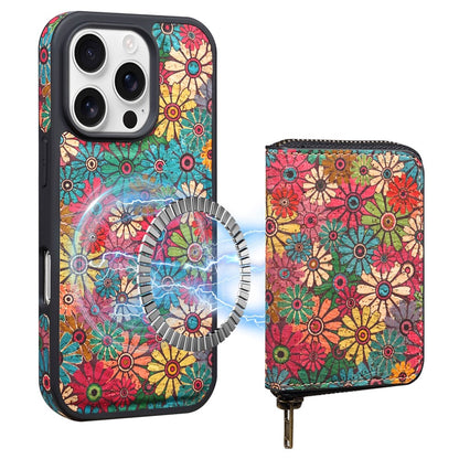 For iPhone 16 Pro Magnetic Case with Detachable Zipper Card Bag Flower Leather Back Cover