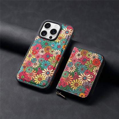 For iPhone 16 Pro Magnetic Case with Detachable Zipper Card Bag Flower Leather Back Cover