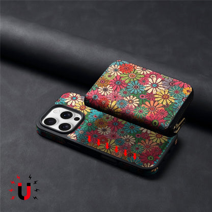 For iPhone 16 Pro Magnetic Case with Detachable Zipper Card Bag Flower Leather Back Cover