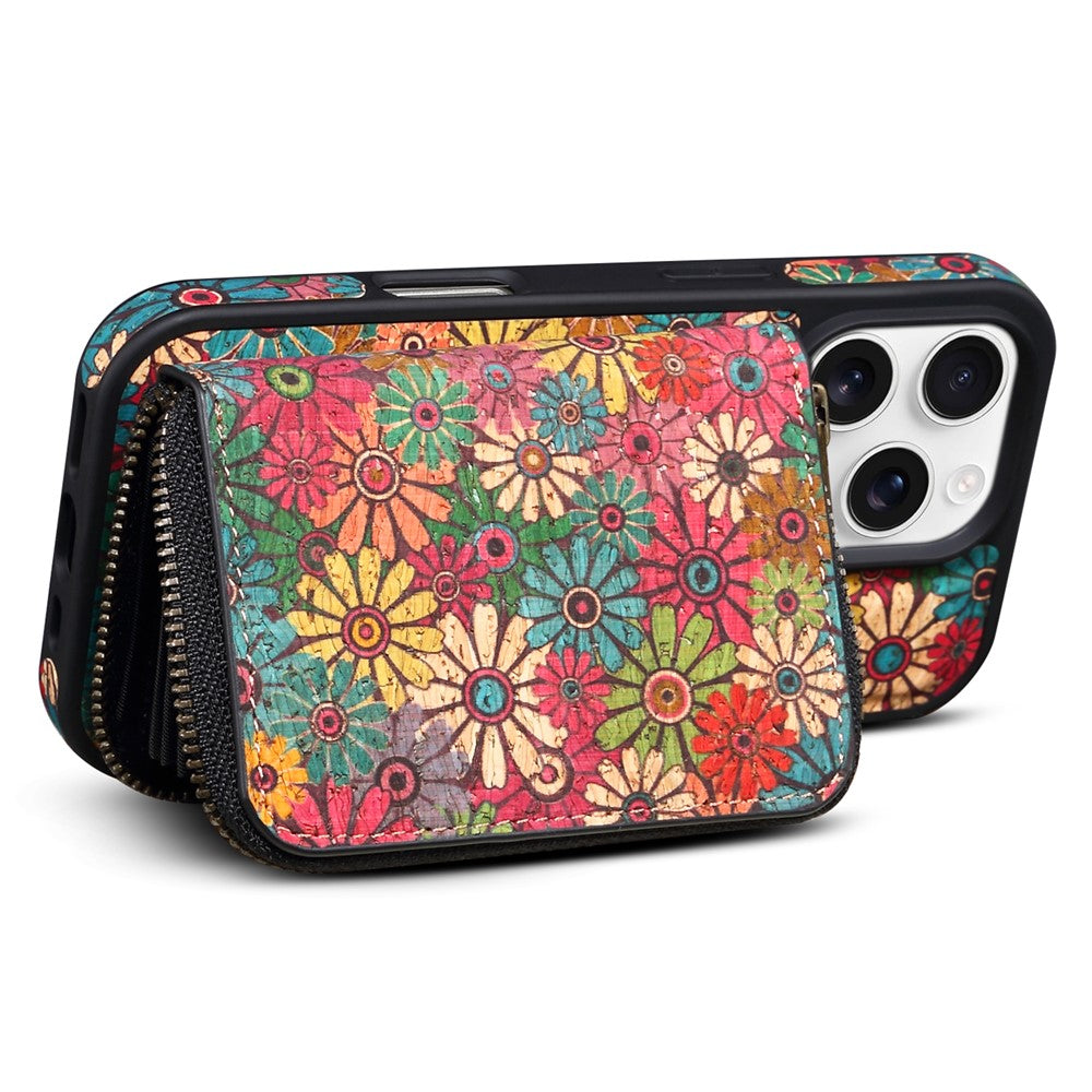 For iPhone 16 Pro Magnetic Case with Detachable Zipper Card Bag Flower Leather Back Cover