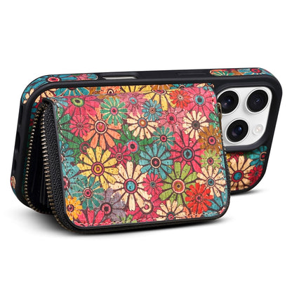 For iPhone 16 Pro Magnetic Case with Detachable Zipper Card Bag Flower Leather Back Cover