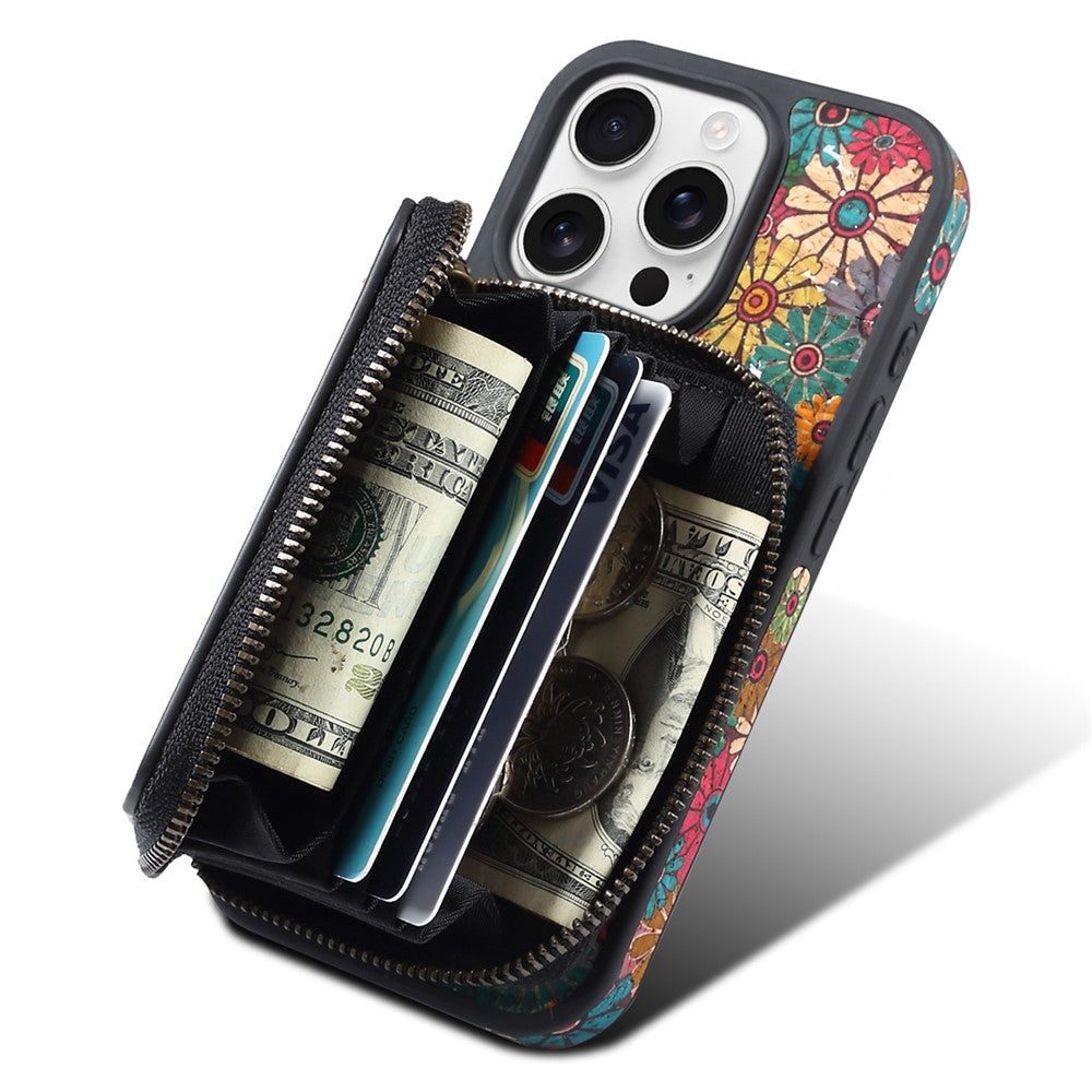 For iPhone 16 Pro Magnetic Case with Detachable Zipper Card Bag Flower Leather Back Cover