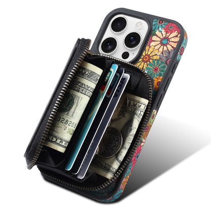 For iPhone 16 Pro Magnetic Case with Detachable Zipper Card Bag Flower Leather Back Cover