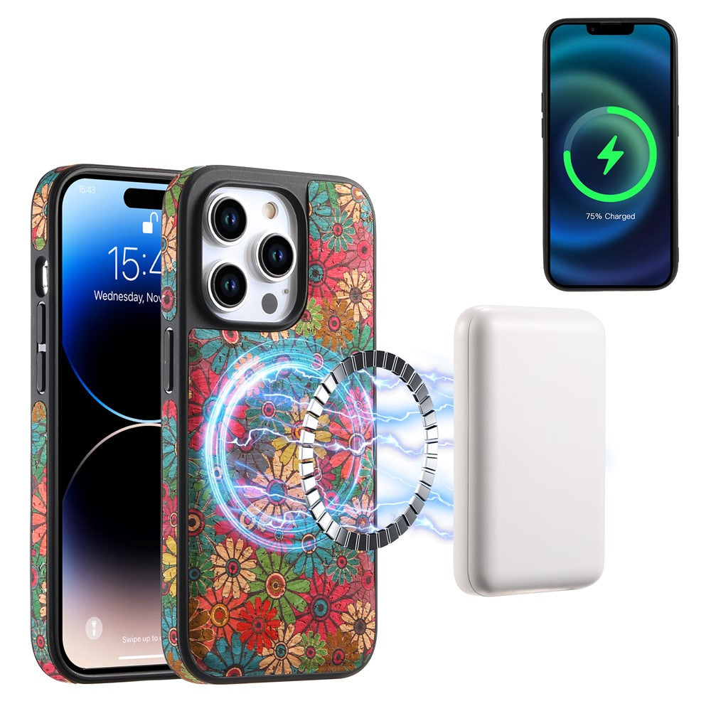 For iPhone 16 Pro Magnetic Case with Detachable Zipper Card Bag Flower Leather Back Cover