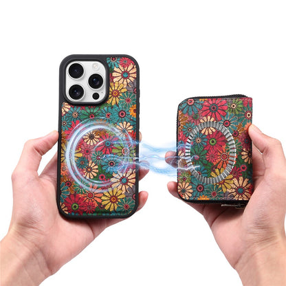 For iPhone 16 Pro Magnetic Case with Detachable Zipper Card Bag Flower Leather Back Cover