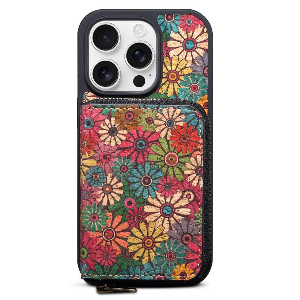 For iPhone 16 Pro Magnetic Case with Detachable Zipper Card Bag Flower Leather Back Cover