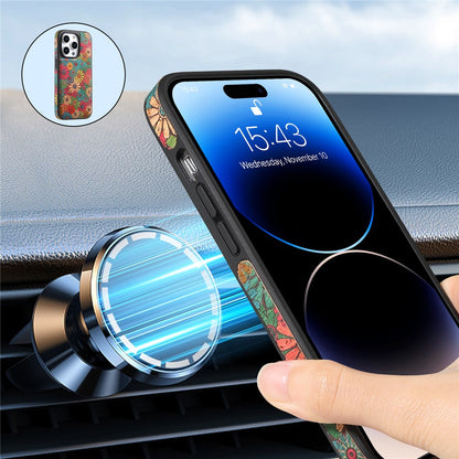 For iPhone 16 Pro Magnetic Case with Detachable Zipper Card Bag Flower Leather Back Cover
