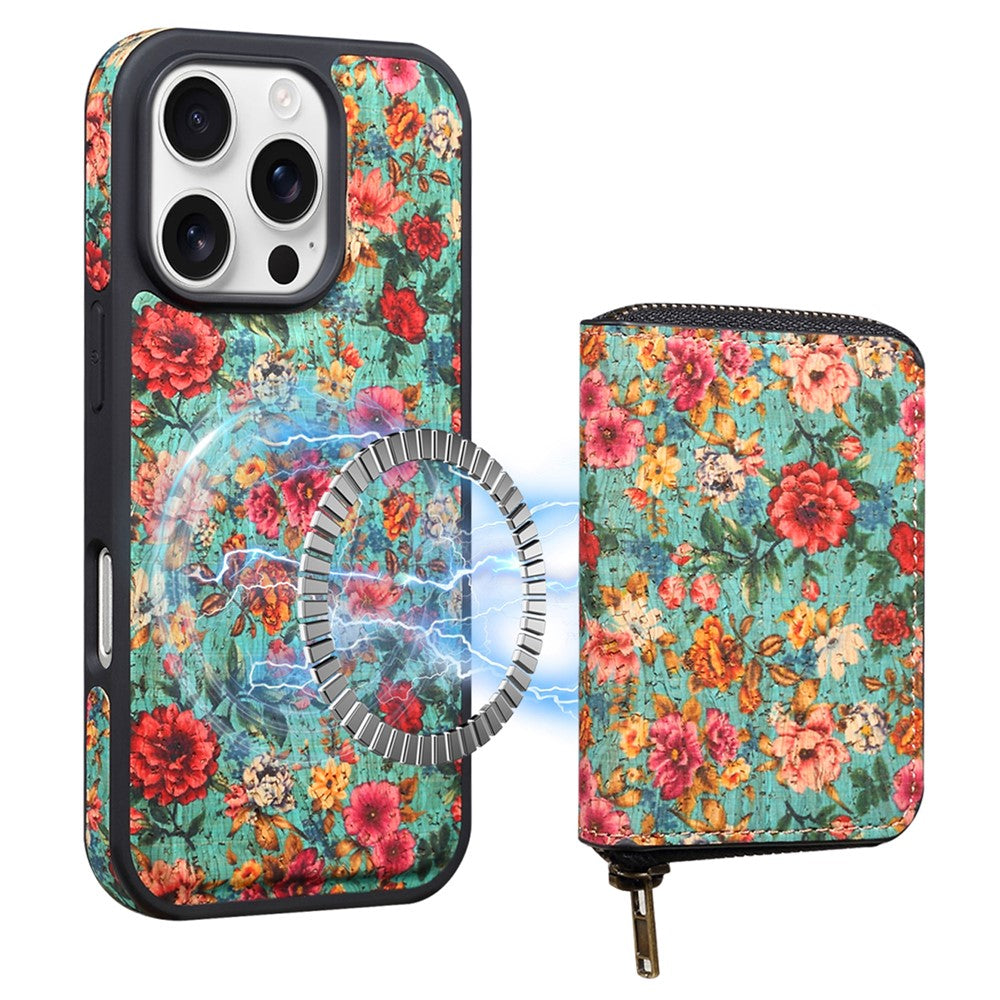 For iPhone 16 Pro Magnetic Case with Detachable Zipper Card Bag Flower Leather Back Cover