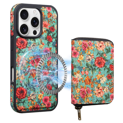 For iPhone 16 Pro Magnetic Case with Detachable Zipper Card Bag Flower Leather Back Cover