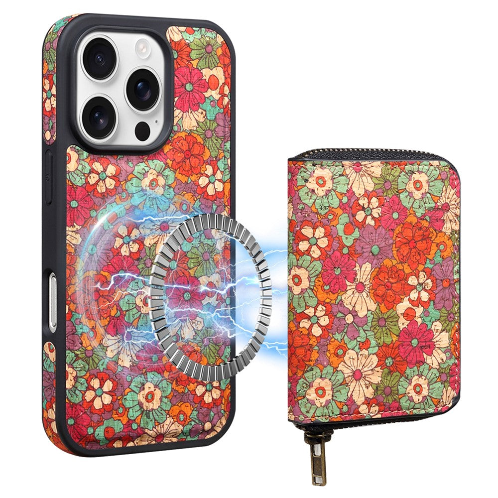 For iPhone 16 Pro Magnetic Case with Detachable Zipper Card Bag Flower Leather Back Cover