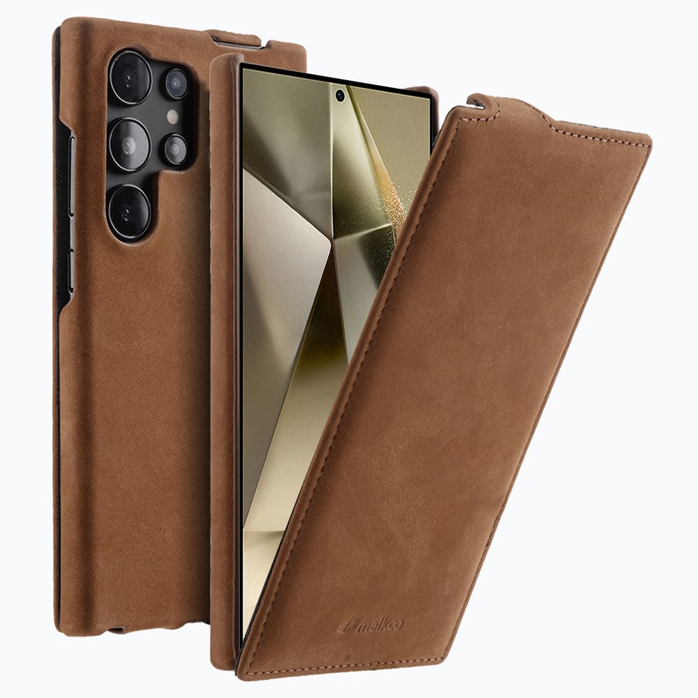 MELKCO For Samsung	Galaxy S25 Ultra Case Vertical Flip Genuine Cow Leather + PC Shockproof Phone Cover