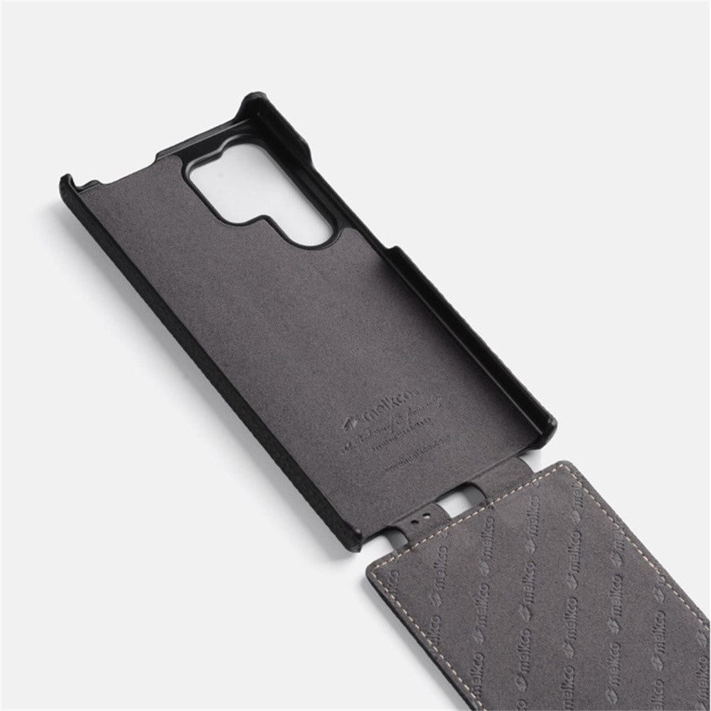 MELKCO For Samsung	Galaxy S25 Ultra Case Vertical Flip Genuine Cow Leather + PC Shockproof Phone Cover