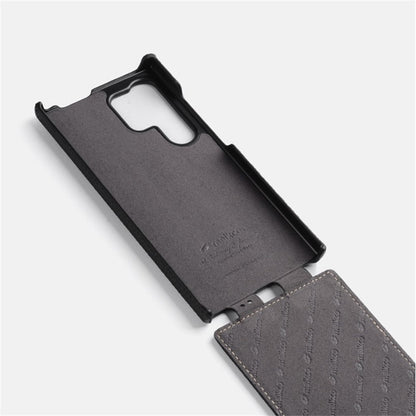 MELKCO For Samsung	Galaxy S25 Ultra Case Vertical Flip Genuine Cow Leather + PC Shockproof Phone Cover