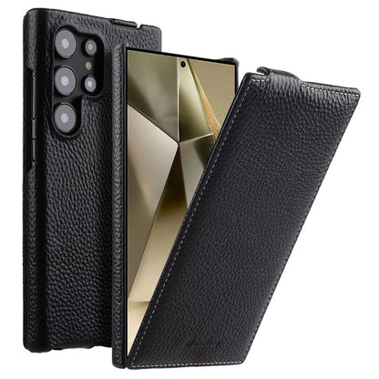 MELKCO For Samsung	Galaxy S25 Ultra Case Vertical Flip Genuine Cow Leather + PC Shockproof Phone Cover