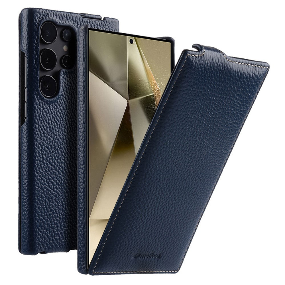 MELKCO For Samsung	Galaxy S25 Ultra Case Vertical Flip Genuine Cow Leather + PC Shockproof Phone Cover