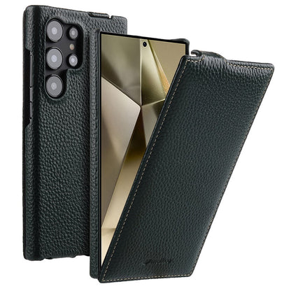 MELKCO For Samsung	Galaxy S25 Ultra Case Vertical Flip Genuine Cow Leather + PC Shockproof Phone Cover