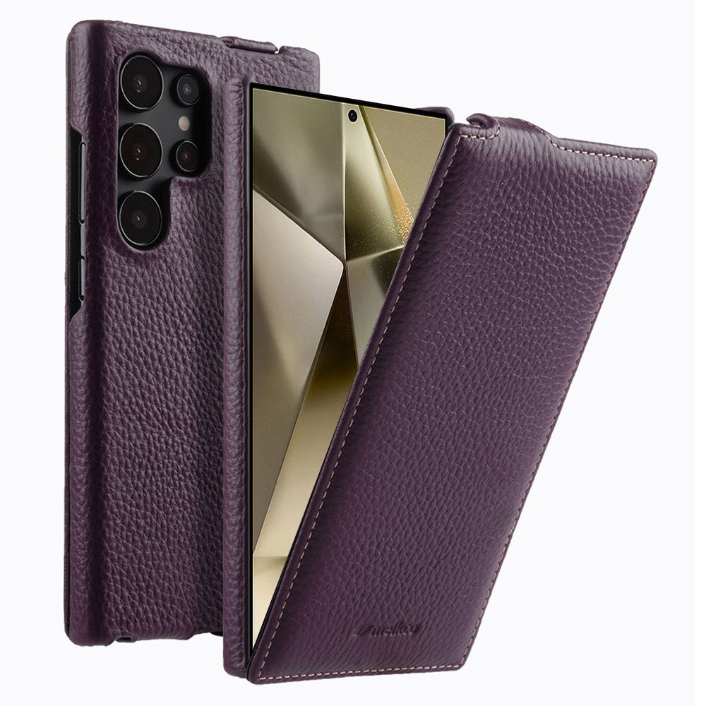 MELKCO For Samsung	Galaxy S25 Ultra Case Vertical Flip Genuine Cow Leather + PC Shockproof Phone Cover