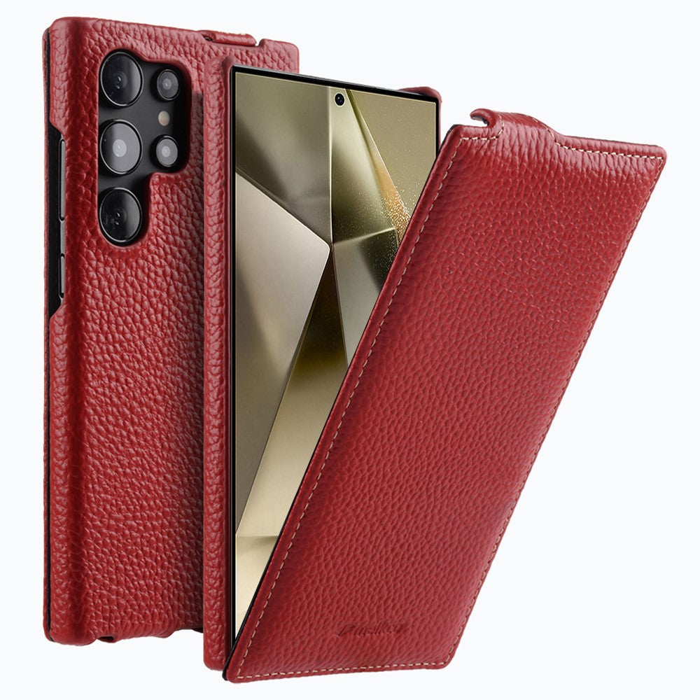 MELKCO For Samsung	Galaxy S25 Ultra Case Vertical Flip Genuine Cow Leather + PC Shockproof Phone Cover