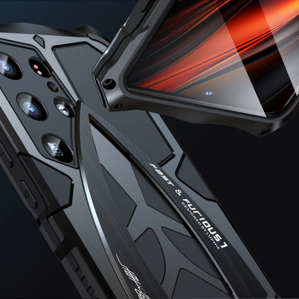 LUPHIE For Samsung Galaxy S25 Ultra Case Sports Car Design Shockproof Metal + TPU Phone Cover with Screen Protector