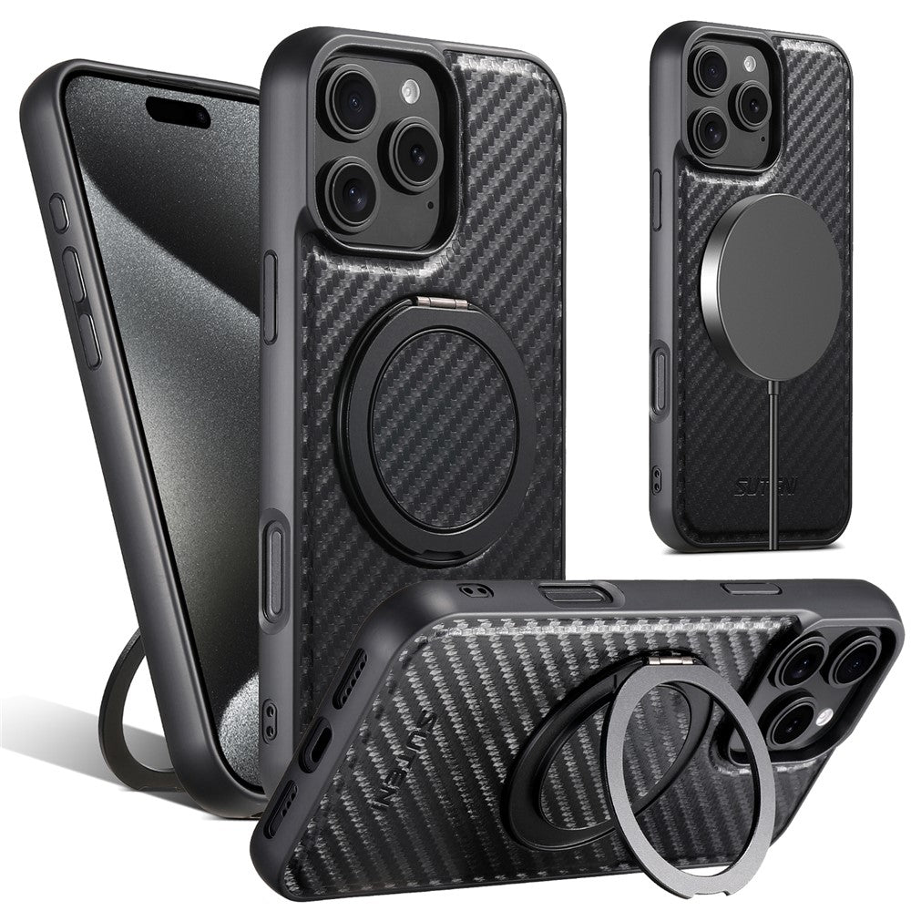 SUTENI G3 For iPhone 16 Pro Max Magnetic Case Rotating Kickstand Carbon Fiber Texture Leather Phone Back Cover
