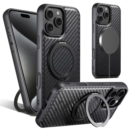 SUTENI G3 For iPhone 16 Pro Max Magnetic Case Rotating Kickstand Carbon Fiber Texture Leather Phone Back Cover