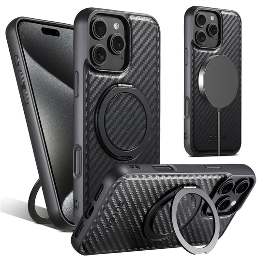 SUTENI G3 For iPhone 16 Pro Max Magnetic Case Rotating Kickstand Carbon Fiber Texture Leather Phone Back Cover