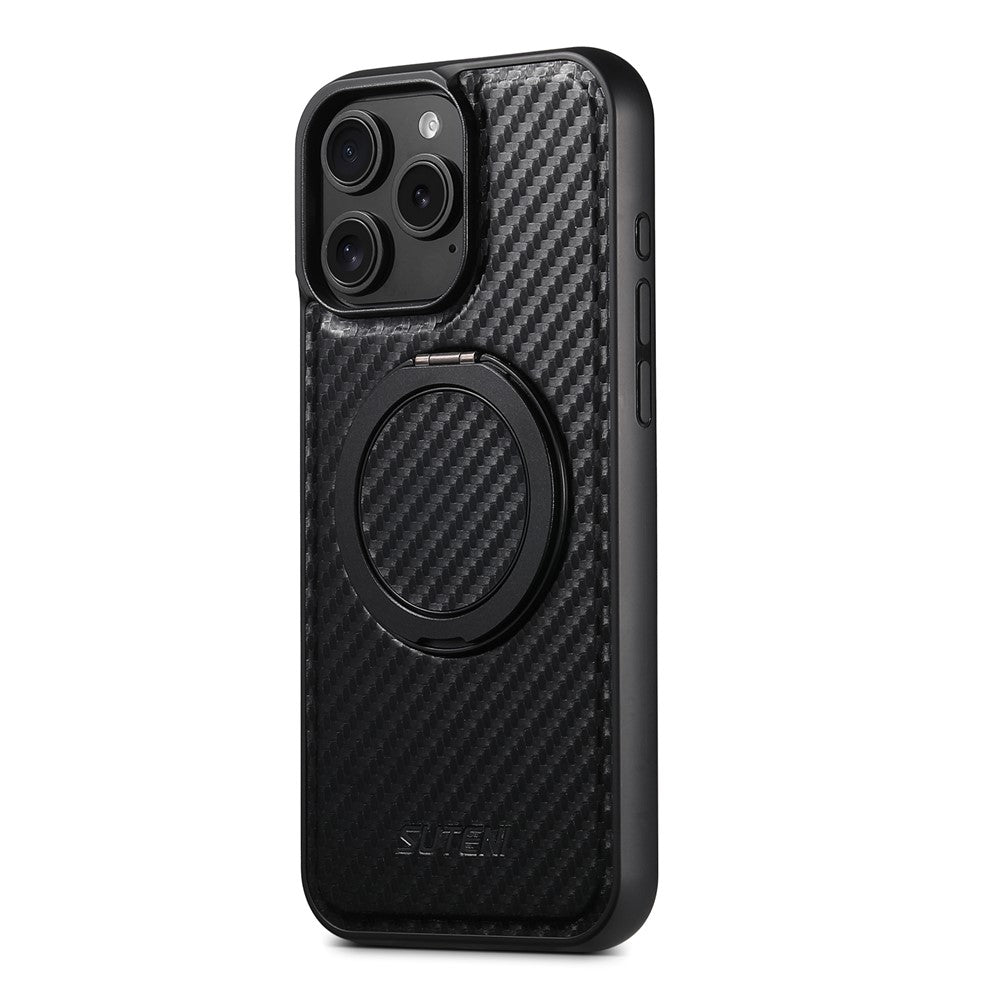 SUTENI G3 For iPhone 16 Pro Max Magnetic Case Rotating Kickstand Carbon Fiber Texture Leather Phone Back Cover