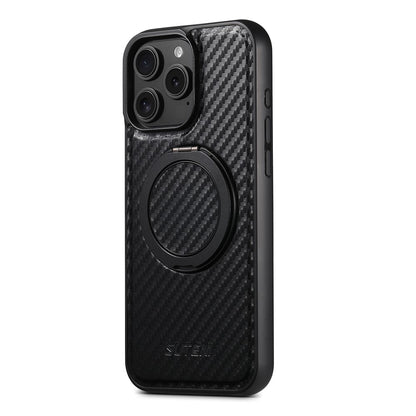 SUTENI G3 For iPhone 16 Pro Max Magnetic Case Rotating Kickstand Carbon Fiber Texture Leather Phone Back Cover