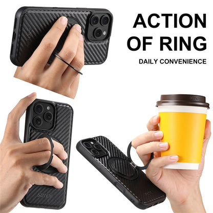 SUTENI G3 For iPhone 16 Pro Max Magnetic Case Rotating Kickstand Carbon Fiber Texture Leather Phone Back Cover