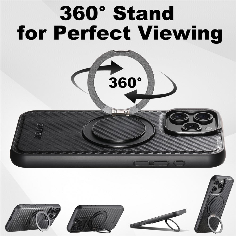 SUTENI G3 For iPhone 16 Pro Max Magnetic Case Rotating Kickstand Carbon Fiber Texture Leather Phone Back Cover