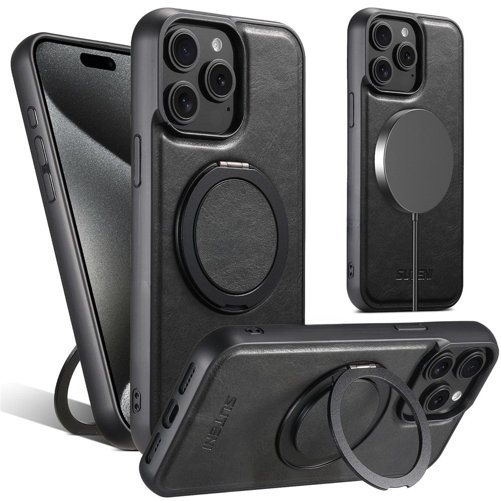 SUTENI G3 For iPhone 14 Pro Case Compatible with MagSafe Waxy Texture Rotating Kickstand Leather Phone Back Cover