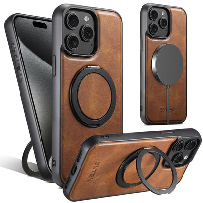 SUTENI G3 For iPhone 14 Pro Case Compatible with MagSafe Waxy Texture Rotating Kickstand Leather Phone Back Cover