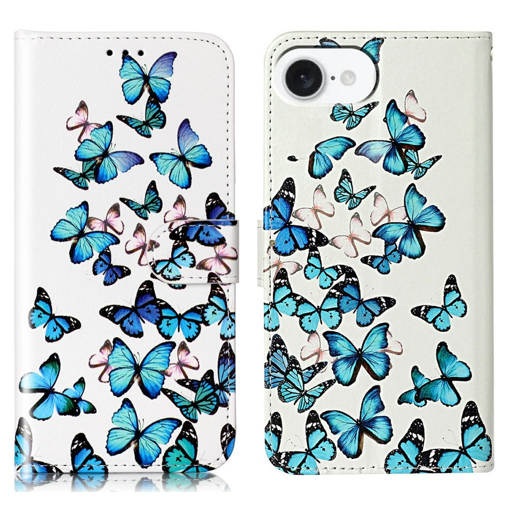 For iPhone 17e / 16e Marble Painted Wallet Stand Case Folio Leather Cover with Flip Design