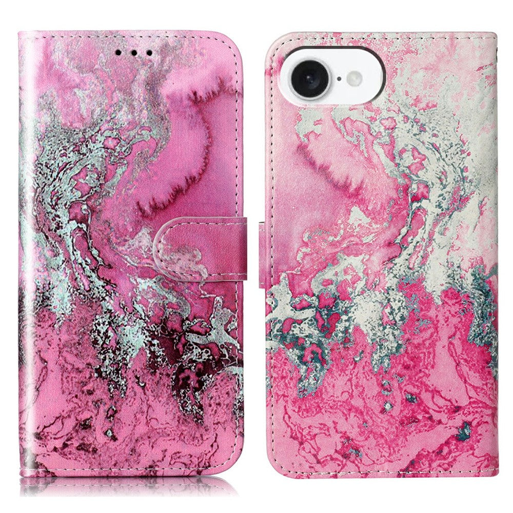 For iPhone 17e / 16e Marble Painted Wallet Stand Case Folio Leather Cover with Flip Design