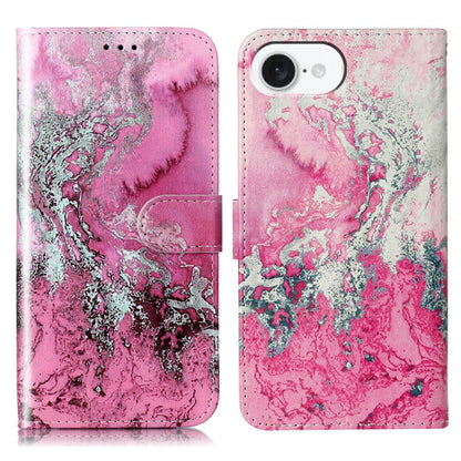 For iPhone 17e / 16e Marble Painted Wallet Stand Case Folio Leather Cover with Flip Design