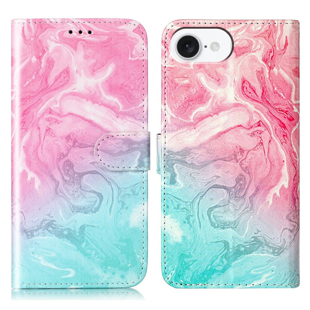For iPhone 17e / 16e Marble Painted Wallet Stand Case Folio Leather Cover with Flip Design