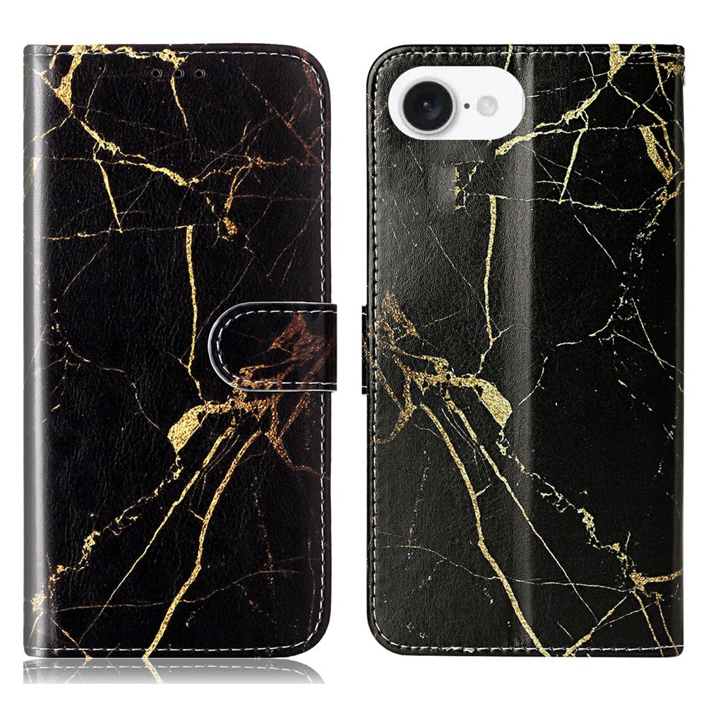 For iPhone 17e / 16e Marble Painted Wallet Stand Case Folio Leather Cover with Flip Design
